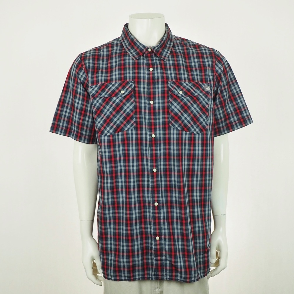 The North Face Pearl Snap Shirt Mens Sz XL Navy Blue Plaid Cotton Blend Outdoor